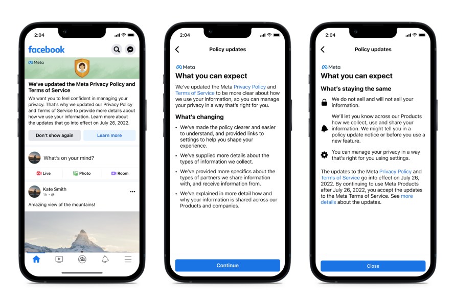 Product mock of updated privacy policy consent flow
